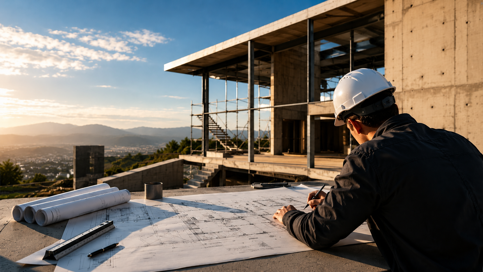 Ingeniero revisando planos frente a una obra a color